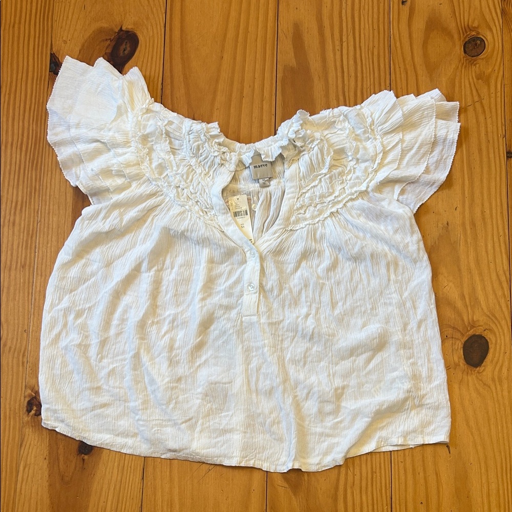 Anthropologie White Crinkled Smocked Short-Sleeve Blouse